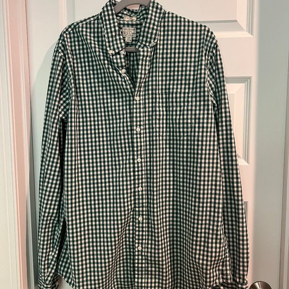 J. Crew Mens Button Down Green Checkered Size Large Tall (LT)